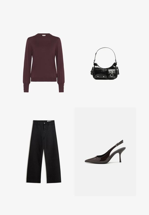 Burgundi hosszú ujjú pulóver magas nyakkal, bordázott textúrával és gombdíszítéssel az ujjakon. Könnyű kötött anyag.; Fekete, bő szabású farmernadrág magas derékkal, elülső és hátsó zsebekkel, varrott felületekkel és gombos záródással. Sima textúra.; Fényes sötétbarna lakkbőr magas sarkú slingback cipő, hegyes orral, nyitott oldalakkal és állítható bokapánttal.; Fekete lakkbőr kézitáska ívelt formával, egy vállpánttal, elülső zsebekkel és ezüstszínű fémrészletekkel.