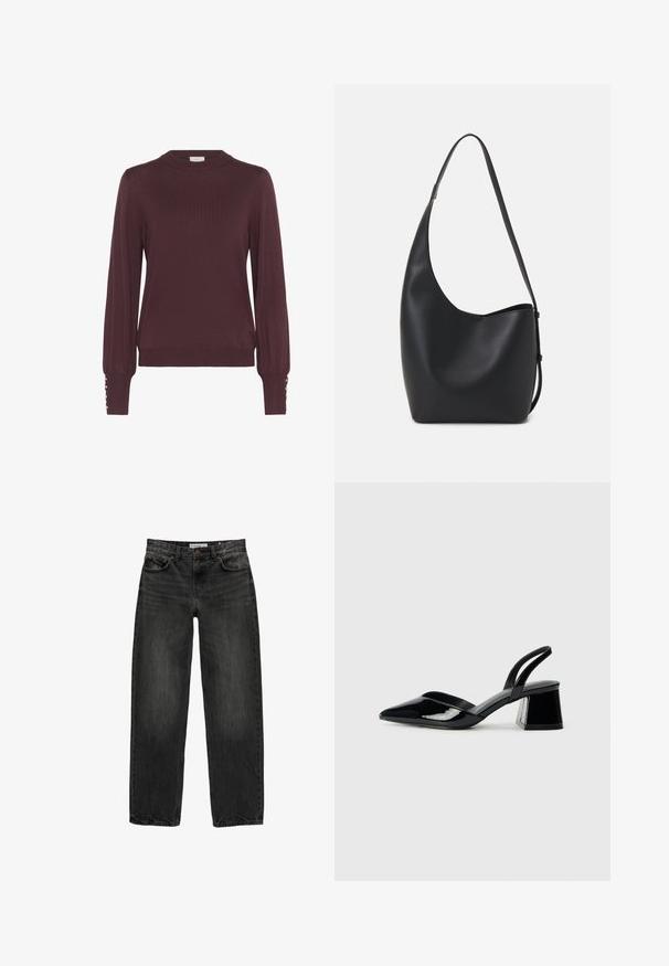Pull en maille bordeaux à manches longues avec col montant, texture côtelée et accents de boutons sur les manches. Matière en maille légère.; Jeans en denim noir avec une coupe décontractée, jambres droites, design à cinq poches et une texture légèrement délavée. Fermeture à bouton et à zip à l'avant.; Escarpins en cuir verni noir avec bout pointu et talon bloc géométrique. Présente un design élégant et minimaliste ainsi qu'une texture lisse.; Sac hobo en cuir noir avec une texture lisse, une forme incurvée et une seule sangle réglable ; dispose d'une large ouverture en haut.