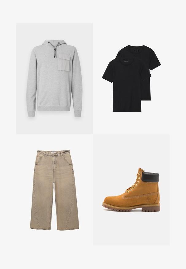 Grå hættetrøje i blødt materiale, med en frontlomme, snørrebånd i hætten og ribkantede ærmer og underkant. Simpelt og funktionelt design.; To sorte bomulds t-shirts med korte ærmer, rund halsudskæring og en glat tekstur, vist stablet sammen.; PULL&BEAR MEGA BAGGY - Baggy jeans - light grey; Tan nubuck ankelstøvle med sort polstret krave, gyldne metaløjer, hvid syning detaljer og robust gummisål med udtalte slidbaner.