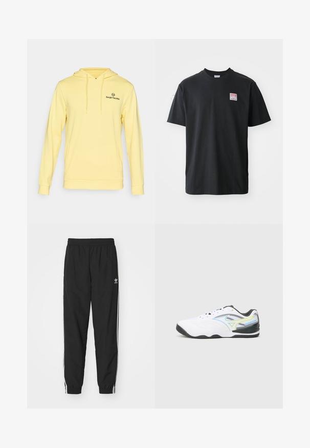 Yellow hooded sweatshirt made of soft fabric, featuring a kangaroo pocket, ribbed cuffs, and a small black logo on the chest.; Black cotton t-shirt with a crew neck, short sleeves, and a small colored label on the left chest featuring the word "SUPERIOR."; Black track pants with elastic waistband and cuffs, featuring white side stripes and a small white Adidas logo on the left hip.; White athletic shoe with a textured upper, featuring blue and green accents, a padded collar, and a black rubber sole with a tread pattern.