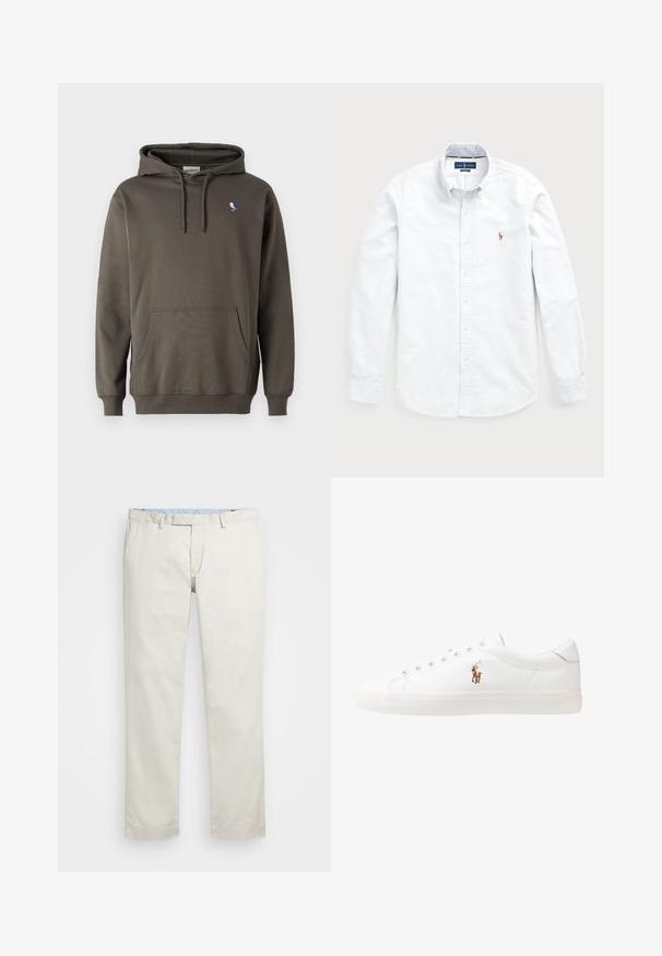 Sudadera con capucha de color verde oliva, fabricada en suave algodón. Cuenta con un bolsillo frontal y un pequeño bordado de un pájaro en el lado izquierdo del pecho.; Camisa blanca de manga larga con botones, hecha de algodón. Presenta un cuello spread, cierre de botones y un pequeño logo bordado en el pecho.; Chinos de algodón color beige con frente plano, presillas para cinturón y bolsillos laterales. Diseño de pierna recta con una textura suave y una sensación ligera y transpirable.; Zapatillas de cuero blancas, diseño de corte bajo, con una textura suave, puntera redonda, cordones en la parte delantera y un pequeño logo bordado en el lateral.