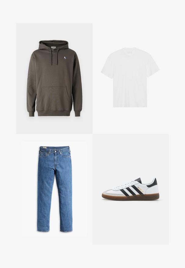Sweatshirt à capuche vert olive en coton doux. Doté d'une poche avant et d'une petite broderie d'oiseau sur la poitrine gauche.; T-shirt en coton blanc à manches courtes, col rond et ourlet droit. Texture lisse, design minimaliste sans motifs ni accents.; Jean en denim bleu avec une coupe droite, rivets en cuivre et design à cinq poches. Dispose d'un ourlet cousu et d'une taille classique avec passants de ceinture.; Baskets en cuir blanc avec des accents en daim noir, trois rayures noires, semelle en caoutchouc beige et marque "SPEZIAL" en doré sur le côté.
