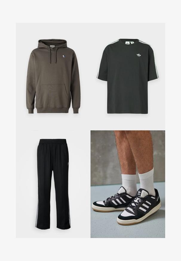 Olive green hooded sweatshirt made of soft cotton. Features a front pocket and a small bird embroidery on the left chest.; Black cotton t-shirt with short sleeves, crew neckline, and white three-stripe detailing on shoulders. Features a small white logo on chest.; Black athletic pants with an elastic waistband, featuring white side stripes and a small logo. Material appears soft and lightweight.; Black and white sneakers with a suede and leather upper, featuring three white stripes, a perforated toe, and a gum rubber sole.