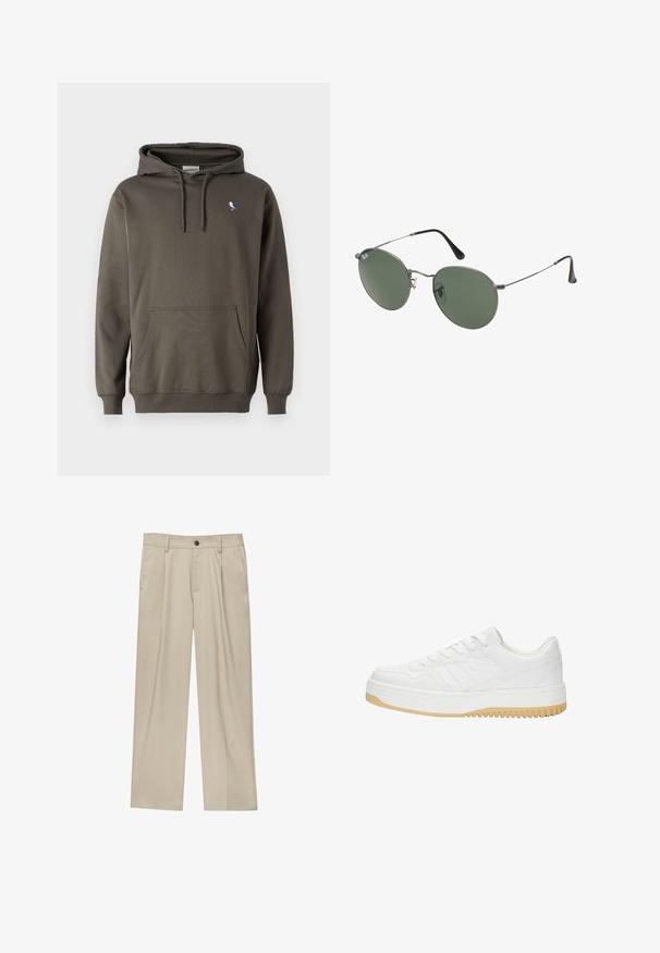 Olijfgroene hoodie gemaakt van zachte katoen. Heeft een voorzak en een kleine vogelborduursel op de linkerborst.; Witte polo shirt van katoen, met een klassieke kraag, korte mouwen en een klein marineblauw logo op de linkerbovenkant. Placket met twee knopen.; Beige broek met een rechte snit, voorzien van een enkele zwarte knoop, riemlussen en zijzakken. Glad stoffen textuur en een minimalistisch ontwerp.; Witte leren sneaker met een gematteerde afwerking, met een rubberen zool, vetersluiting en subtiele streepaccenten aan de zijkanten.; Metalen zonnebril met ovale groene lenzen. Dunne zilveren metalen rand en zwarte oorstoppers. Minimalistisch ontwerp, zonder zichtbare logo's.