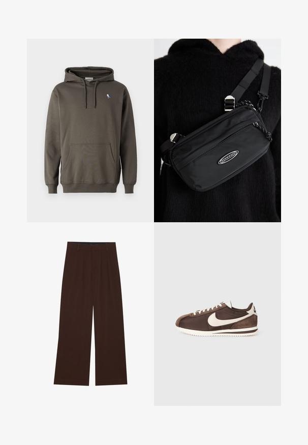 Olive spalvos gobtuvėlis, pagamintas iš minkštos medvilnės. Yra priekinė kišenė ir mažas paukščio siuvinėjimas kairėje krūtinės pusėje.; Rudi plačiai praplečiami kelnių su klostėmis. Pagaminti iš lygaus audinio, su pritaikytu liemeniu ir šoninėmis kišenėmis. Lygus apačios kraštas.; Rudi sportbačiai, pagaminti iš zomšos ir kanvos, su baltu Nike swoosh logotipu ir tekstūruotais guminiais padėklais.; Juodas nailono per petį nešiojamas krepšys su reguliuojama juosta, turintis lygią tekstūrą, priekinį užtrauktuką ir logotipo akcentą.