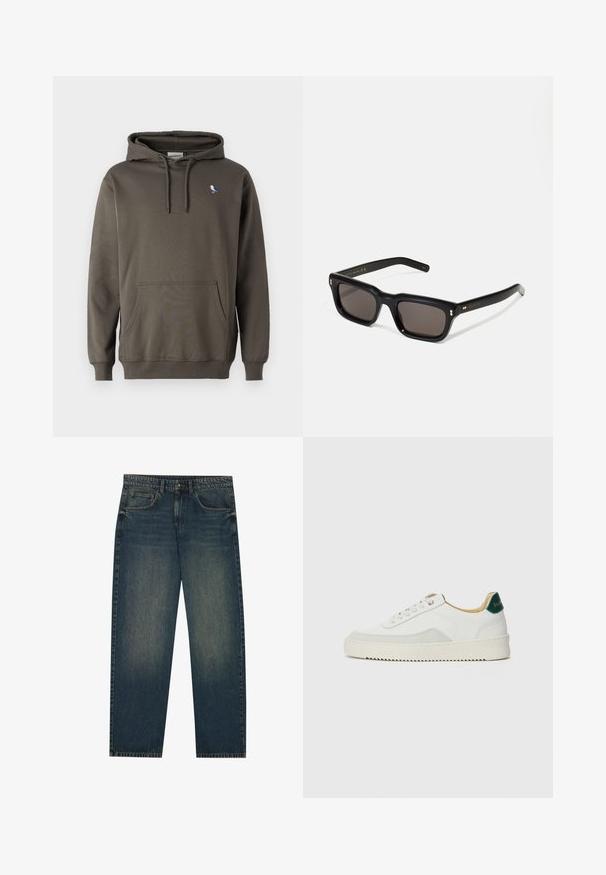 Olivegrüner Kapuzenpullover aus weicher Baumwolle. Verfügt über eine Fronttasche und eine kleine Vogeldstickerei auf der linken Brust.; Dunkelblaue Denim-Jeans mit geradem Schnitt, fünf Taschen-Design und leichter Waschung an den Beinen. Geeignet für legere Anlässe.; Weiße Sneaker mit Wildlederelementen, runder Zehenpartie, flachen Schnürsenkeln und einer cremefarbenen Gummisohle. Mit grünen Markenlogo am Fersenbereich.; Schwarze rechteckige Sonnenbrille mit dunklen Gläsern, dickem Kunststoffrahmen, goldenen Akzenten an den Bügeln und eingraviertem Markenlogo am Arm.