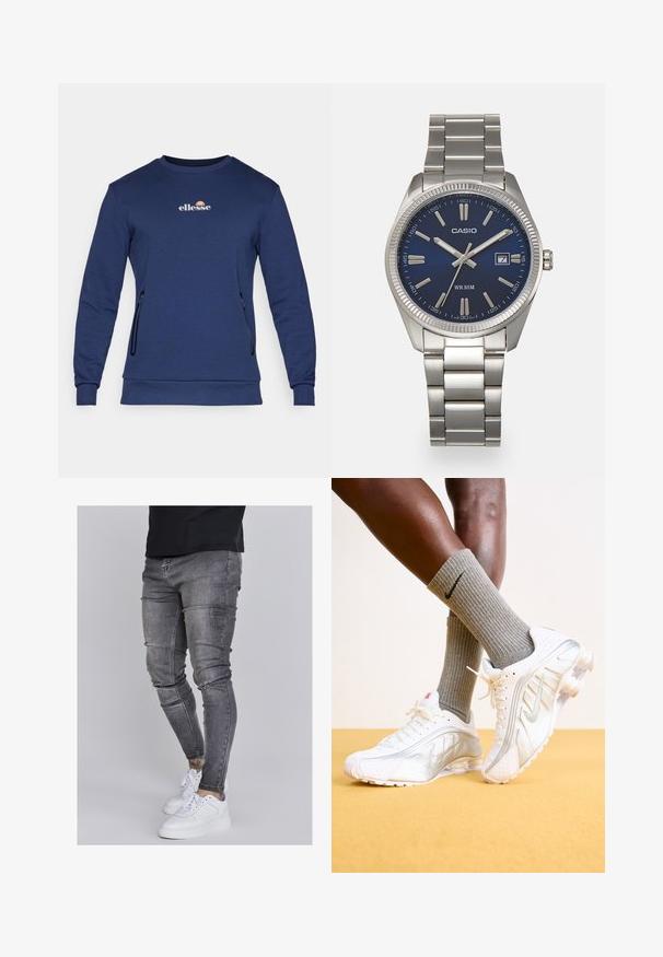 Mornarsko modra majica z dolgimi rokavi, izdelana iz mehkega materiala, z okroglim izrezom, dolgimi rokavi, stranskimi žepi z zadrgo in majhnim logotipom 'ellesse' na prsih.; Oprijete jeans hlače iz izbledele sive denima, z obrabljenimi detajli na kolenih, v kombinaciji z belimi športnimi copati. Gladka tekstura, oblikovan slim fit dizajn.; Nike superge v beli barvi s srebrnimi detajli, ki imajo teksturirane panele in perforacije. V kompletu s sivimi rebrastimi nogavicami, postavljene na rumeni ozadju.; Srebrna nerjaveča jeklena ura z modrim številčnico, kovinskimi kazalci ter oknom za datum na 3. uri. Vodoodporna do 50 metrov.