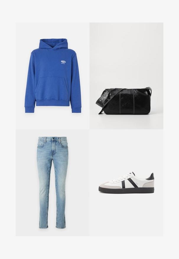 Blaues Baumwollkapuzensweatshirt mit einer vorderen Kängurutasche, gerippten Bündchen und Saum sowie einem kleinen Logo im Brustbereich. Weiche Stofftextur.; Himmelblaue Denim-Jeans mit schlanker Passform, ausgestattet mit fünf Taschen, einem Reißverschluss und subtilen Ausbleichungen entlang der Beine. Gerader Saum am Knöchel.; Weiße Sneaker mit schwarz- und grau-aczenten, ausgestattet mit einer strukturierten grauen Zehenkappe, schwarzer Gummi-Sohle und flachen weißen Schnürsenkeln. Sauberes Design, minimalistische Stil.; Schwarze Leder Schultertasche mit Reißverschluss, ausgestattet mit einer strukturierten Oberfläche, weißen Nähten und einem Tragegurt mit silbernen Ösen.