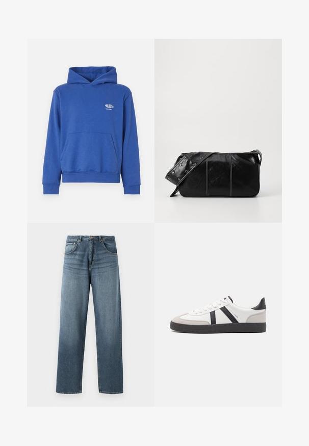 Felpa con cappuccio blu in cotone, con tasca a marsupio frontale, polsini e fondo a costine, e un piccolo logo sull'area del petto. Tessuto morbido.; Jeans in denim blu a gamba dritta con un lavaggio sbiadito, dotati di cinque tasche, bottone in metallo e passanti per cintura. Tessuto strutturato di peso medio.; Sneaker bianco con accenti neri e grigi, dotata di una punta grigia testurizzata, suola in gomma nera e lacci bianchi piatti. Design pulito, stile minimalista.; Borsa a spalla in pelle nera con chiusura a zip, caratterizzata da un corpo testurizzato, cuciture bianche e una tracolla con occhielli in argento.