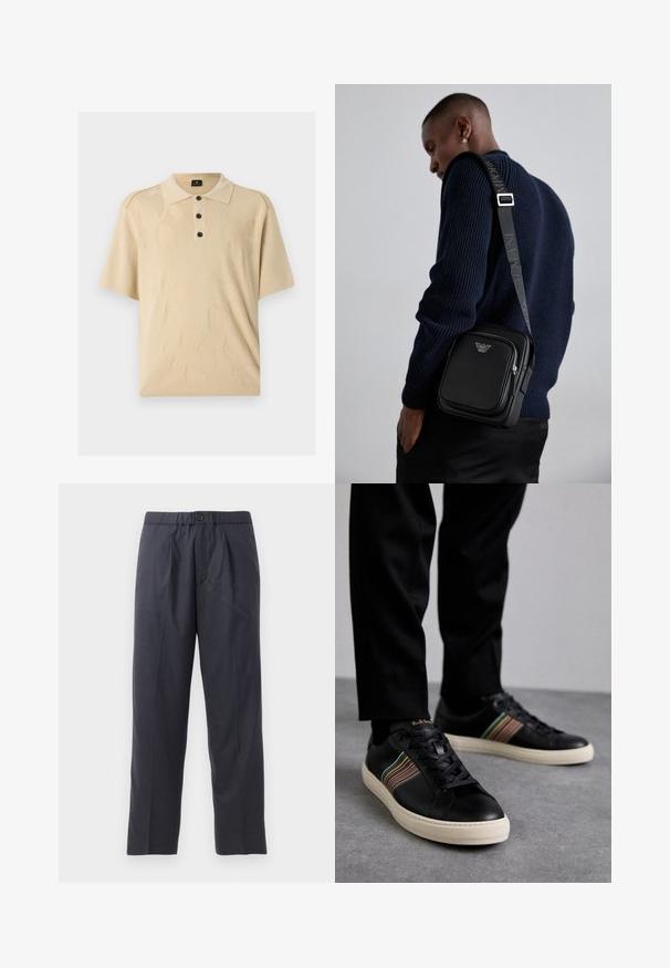 Bež košulja polo s teksturiranim cvjetnim uzorkom, s tri dugmeta na prednjem dijelu i kratkim rukavima. Izrađena od mekog materijala s kontrastnim naglascima na ramenima.; Tamno plave hlače od mekanog materijala s plićim prednjim dijelom i elastičnim pojasom. Imaju zatvaranje na gumb i ravno krojenje.; Crne kožne tenisice s višebojnim prugastim akcentima, okrugli vrh i bijele gumene potplate, s vezicama i urezanim logotipom.; Crna kožna torba preko tijela s patentnim zatvaračem, detaljem logotipa i podešivim remenom s marciranjem. Nosiva s teksturiranom mornarsko plavom pletivom.