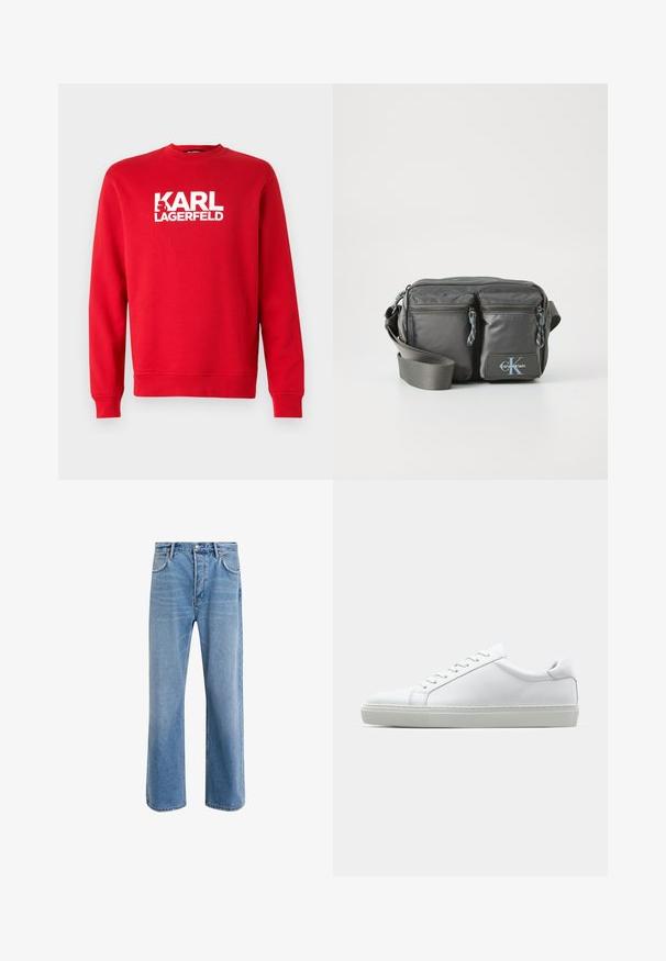 Rød hettegenser laget av bomull med lange ermer. Har rund hals og bold hvit "KARL LAGERFELD" tekst på forsiden. Enkelt design.; Lys blå denimjeans med rett ben-design, fem lommer, knappeåpning, minimal falming og kontrasterende sømdetaljer.; Hvit sneakers med en glatt skinnoverdel og lav profil. Har en rund tå, seks snøring hull, og en teksturert gummisåle.; Grå nylon crossover-veske med to glidelåslommer foran, justerbar stropp og logoaccent. Glatt tekstur med et moderne design.