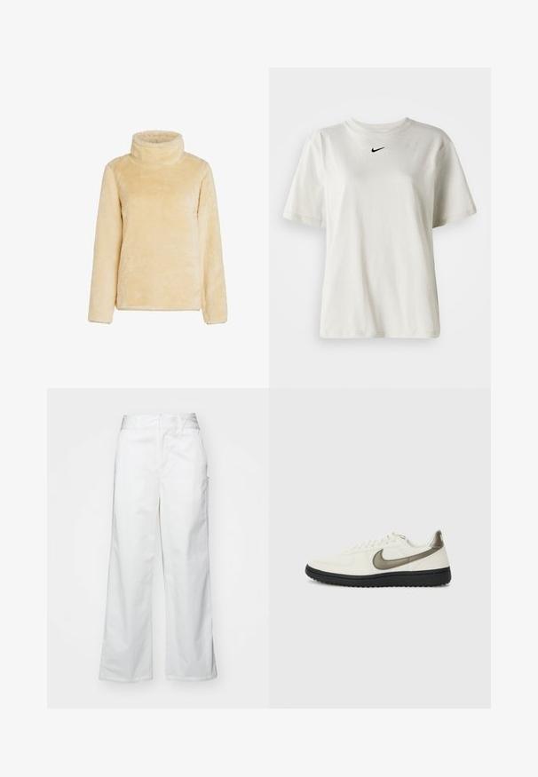 Gaiši dzeltena flīsa turtlenecks džemperis. Mīksta, pūkaina tekstūra ar garām piedurknēm un augstu apkakli, ar brīvu piegriezumu. Bez aizdariem.; Balts kokvilnas T-krekls ar apaļu kakla izgriezumu un īsām piedurknēm. Uz krūtīm ir neliels melns Nike logo. Vienkāršs un bez rotājumiem dizains.; Balti platie kājas bikses no kokvilnas, ar gludu tekstūru, taisnu piegriezumu, priekšējām kabatām un tīru apakšmalu.; Nike Sportswear FIELD GENERAL - Treniņu apavi - off-white/black