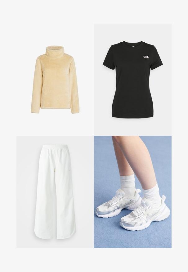 Fleece turtleneck pullover in light yellow. Soft, plush texture with long sleeves and a high collar, featuring a relaxed fit. No fastenings.; Black cotton t-shirt featuring a crew neckline and short sleeves. Notable white logo on the upper left side. Smooth texture, casual fit.; White wide-leg athletic pants with a ribbed waistband and subtle logo detail. Smooth fabric with a relaxed fit and tapered hem.; White athletic shoes with mesh and synthetic overlays, featuring a silver Nike swoosh, and paired with ribbed white socks on a blue surface.