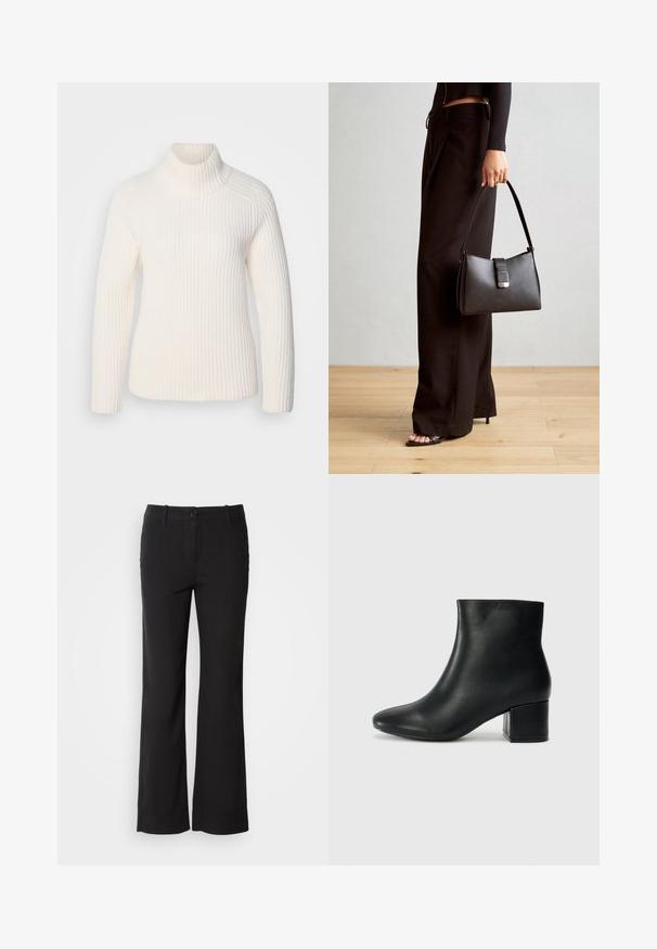 Biały sweter z golfem w prążkowanym wzorze, wykonany z miękkiego materiału. Posiada długie rękawy, dopasowany krój oraz wysoki, zawijany dekolt.; Czarne spodnie z bawełny z prostymi nogawkami, z zapięciem na guzik z przodu i dwoma bocznymi kieszeniami. Gładka faktura, brak widocznych wzorów.; Czarne skórzane botki za kostkę z ostrym noskiem i masywnym obcasem. Gładka tekstura z minimalnymi akcentami i elegancki, dopasowany fason.; Czarna torebka o usztywnionym kształcie, gładkiej fakturze i metalowym zapięciem. Połączona z szerokimi czarnymi spodniami i sandałami na otwartym palcu na drewnianej podłodze.