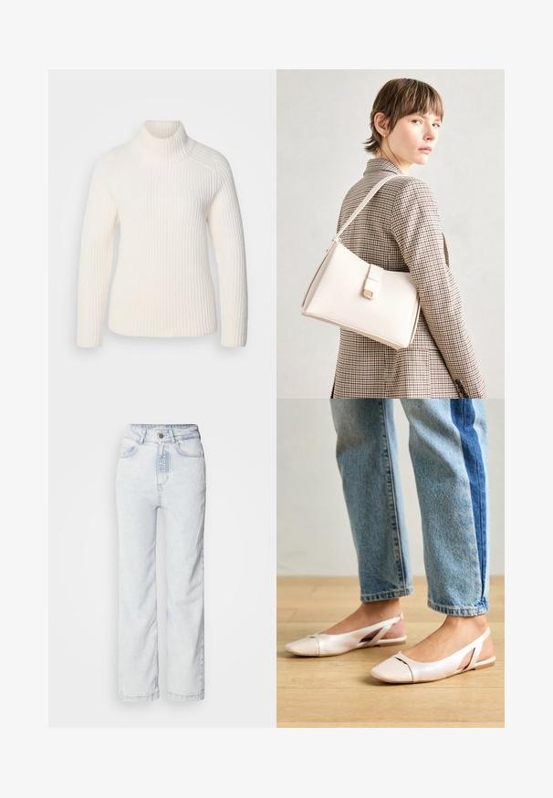 Balta silkine megztinė su aukštu kaklu, pagaminta iš minkšto megztinio audinio. Yra ilgomis rankovėmis, prigludusios silueto ir aukštu, suktiniu kaklu.; Šviesiai mėlynos aukšto liemens džinsus su tiesiu kirpimu, pagaminti iš džinsinio audinio. Yra mygtukų užtrauktukas, penkių kišenių dizainas ir subtilus nudėvėtas tekstūros efektas.; Šviesiai rožiniai slingback baleto bateliai su smailiu pirštu, pagaminti iš lygios odai panašios medžiagos. Yra išpjovimų detalės šonuose ir plokščias kulnas.; Balto odos rankinė su struktūrizuotu dizainu, turinti magnetinį užsegimą ir petnešą, demonstruojama prieš neutralią foną.