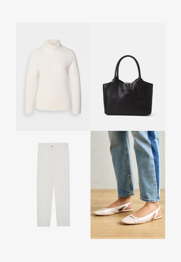 Maglione bianco a collo alto in un morbido materiale a maglia. Caratterizzato da maniche lunghe, una silhoutte aderente e un collo alto ripiegato.; Pantaloni bianchi su misura con design a gamba dritta, dotati di chiusura a bottone, passanti per cintura e tasche laterali; tessuto morbido.; Ballerine slingback rosa pallido con punta affusolata, realizzate in un materiale simile alla pelle liscio. Presentano dettagli a taglio sui lati e un tacco piatto.; Borsa tote in pelle nera con texture liscia, forma strutturata, due manici e un evidente dettaglio in fibbia argentata sul davanti.