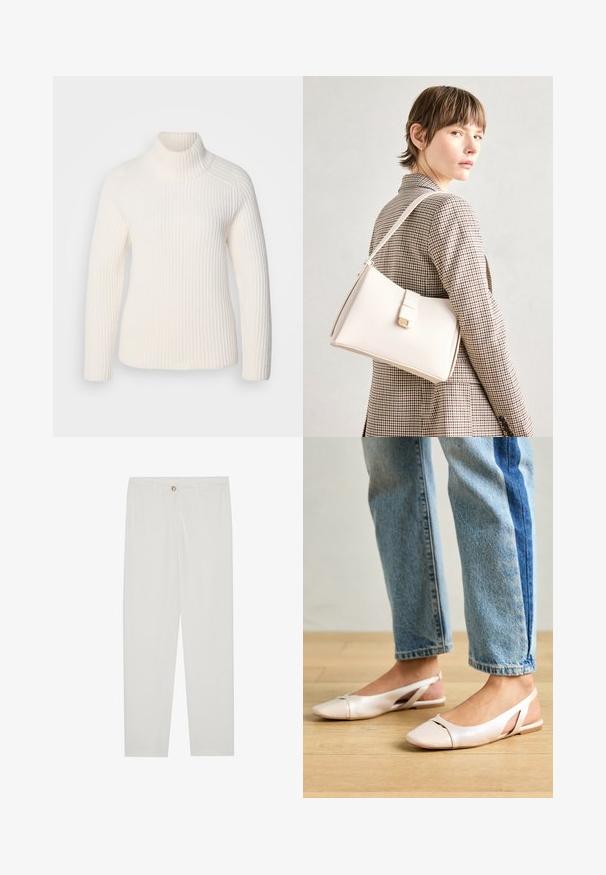Pulover alb cu guler înalt, dintr-un material tricotat moale, cu un design cu nervuri. Are mâneci lungi, o siluetă ajustată și un guler înalt, răsucit.; Pantaloni albi, croiți, cu un design drept al piciorului, având sistem de închidere cu nasture, bucle pentru curea și buzunare laterale; textură de țesătură netedă.; Sandalete plate de un roz pal cu vârf ascuțit, realizate dintr-un material asemănător pielii, neted. Prezintă detalii decupate pe laterale și un toc plat.; Geantă de mână din piele albă cu un design structurat, având o închidere magnetică și un breteau, expusă pe un fundal neutru.