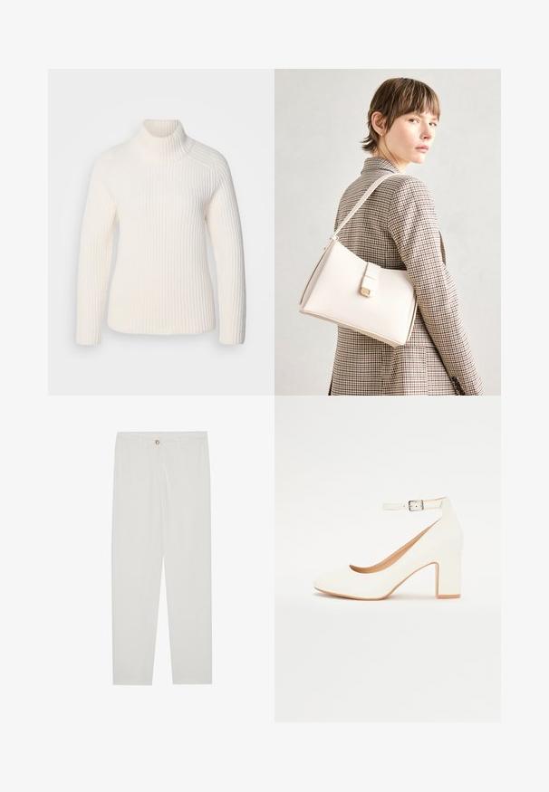White ribbed turtleneck sweater in a soft knit material. Features long sleeves, a fitted silhouette, and a high, rolled neckline.; White, tailored trousers with a straight leg design, featuring a button closure, belt loops, and side pockets; smooth fabric texture.; White high-heeled shoe with a pointed toe, block heel, and ankle strap. Smooth finish with a subtle shine and beige inner lining.; White leather handbag with a structured design, featuring a magnetic clasp and a shoulder strap, showcased against a neutral background.