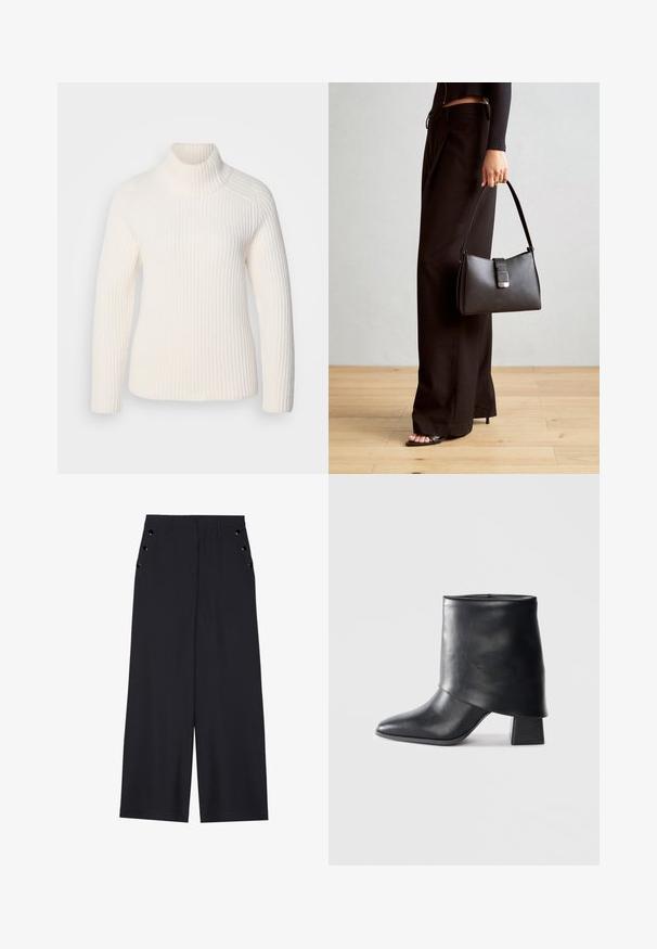 Suéter de cuello alto de canalé blanco en un material de punto suave. Presenta mangas largas, una silueta ajustada y un cuello alto enrollado.; Pantalones de pierna ancha en tejido azul marino oscuro, con una textura suave, pliegues delanteros y ojales decorativos en tono dorado en los bolsillos laterales.; Bota de cuero negro hasta el tobillo con punta afilada, textura suave y un tacón bloque estructurado. Presenta un diseño de puño alto y doblado.; Bolso negro con forma estructurada, textura suave y un cierre metálico. Combinado con pantalones anchos negros y sandalias de dedo en un suelo de madera.