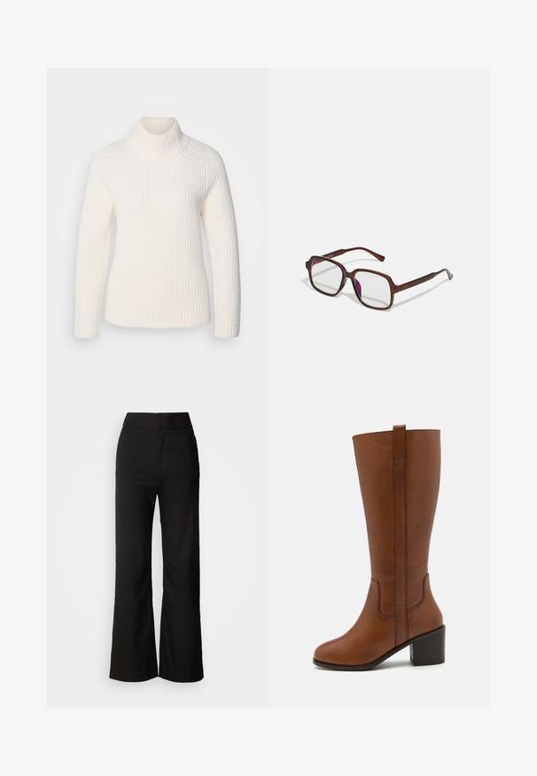 Bela rebrasta pulover s turtleneckom, izdelana iz mehke pletenine. Ima dolge rokave, prisl jatijoče silhueto in visok, zavit izrez.; Črne široke hlače z gladko teksturo, visokim pasom in čistim dizajnom. Brez vidnih žepov ali okrasnih elementov.; Rjavi usnjeni škorenj z višino do kolen, okrogle konice, stranskimi šivi in blok peto. Vključuje zanko na hrbtni strani za enostavno obuvanje.; Rjave, pravokotne očala z prosojnimi lečami in vijoličnimi odtenki. Gladek plastičen okvir z ravnimi steblami in subtilnimi detajli.; Srebrni obroči za ušesa z gladko, polirano površino. Okrogla oblika in varna zaponka s klikom. Lahka zasnova, primerna za vsakodnevno nošenje.