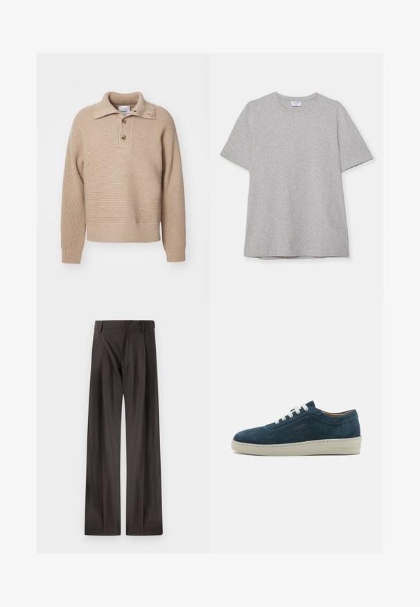 Beidzis adīts puloveris ar apkakli, trim pogām un ribinātiem piedurkņu galiem. Iekļauj teksturētu rakstu un īsu apakšu.; Pelēks īsā piedurkņu T-krekls, kas izgatavots no mīkstas, teksturētas auduma. Tam ir klasiskā apļa kakla izgriezums un taisna apakšmalā, piemērots ikdienas valkāšanai.; Gaišās bikses ar platu kāju tumši brūnā audumā. Ievērojama gluda tekstūra, strukturēta jostasvieta un nelielas priekšējās krokas.; Zilas zamšādas apavi ar noapaļotu purngalu, baltiem šņorēm un gumijas zoli. Iekļauj diskrētu šuvumu un zīmola akcentu sānos.