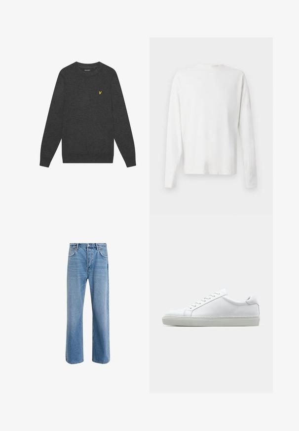Mørk grå genser med rund hals laget av mykt stoff. Har et lite brodert logo i gult på brystet. Lange ermer med ribbede mansjetter.; Langermet hvit bomullsskjorte med rund hals, sidespalter nederst og en jevn tekstur, vist fra baksiden.; Lys blå denimjeans med rett ben-design, fem lommer, knappeåpning, minimal falming og kontrasterende sømdetaljer.; Hvit sneakers med en glatt skinnoverdel og lav profil. Har en rund tå, seks snøring hull, og en teksturert gummisåle.