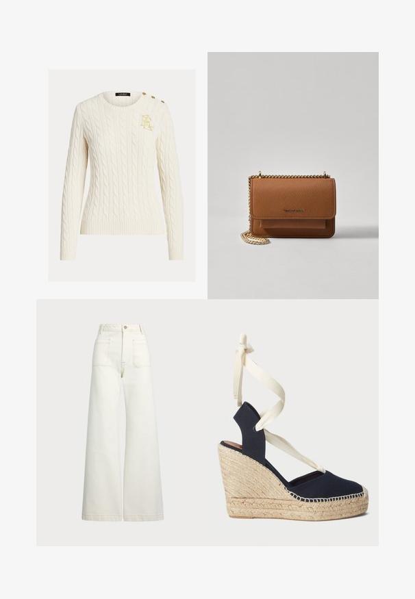 Tejdzett krémszínű pulóver hosszú ujjakkal, kerek nyakkal, arany hímzett logóval a mellkason és három aranygombbal a válltól.; Széles szárú farmernadrág off-white denim anyagból. Magas derekú dizájn, gombos záródással, két elülső zsebbel és kontrasztos varrási részletekkel.; Tengerészkék vászon wedge szandál espadrille kötésű talppal és krém színű szalagos megkötővel a bokán. Zárt sarokkal és kerek orral rendelkezik.; Barna textúrájú bőr keresztbody táska arany lánc pánttal és fedélzárral. Az elején logó részlet és egy zseb található a fedél alatt.