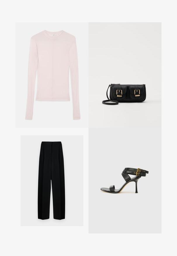 Heled roosa pika varrukaga särk pehmest kangast, klassikalise ümmarguse kaelusega ja kehakujuga. Ilma nähtavate mustrite või aktsentideta.; Mustad laiad püksid kõrge vöökohtaga, millel on voldid ja sujuv tekstuur. Kanga välimus on kerge ja see ripub elegantselt.; Mustad mustand koos ristatud rihmade ja reguleeritava pandlaga. Omab siledat tekstuuri ja kitsenevat stiletto kontsa.; Must küllastamata nahast õlakott, millel on kaks esist nähtavat taskut, kuldsed pandlad, tõmblukuga sulgemine ja peen rihm. Tekstuuriga pind ja kompaktne ristkülikukujuline kuju.