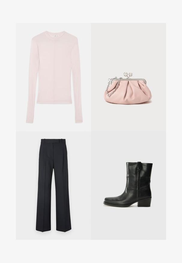 Svijetloružičasta majica dugih rukava od mekane tkanine s klasičnom okruglom izrezom i uskim krojem. Nema vidljivih uzoraka ili akcenata.; Tamno plave prugaste hlače visokog struka, širokih nogavica, bez vidljive opreme ili ukrasa. Glatka tekstura i kroj prilagođen tijelu.; Crne kožne čizme do članaka s okruglim vrhom, blok potpeticom, bočnim patentnim zatvaračem i detaljima od šavova na gornjem dijelu. Glatka tekstura, klasičan dizajn.; Ružičasta kožna torbica na preklop s naboranim dizajnom, metalnim okvirom, s dva okrugla kopčana i srebrnim lančanim remenom. Glatka tekstura, kompaktni oblik.