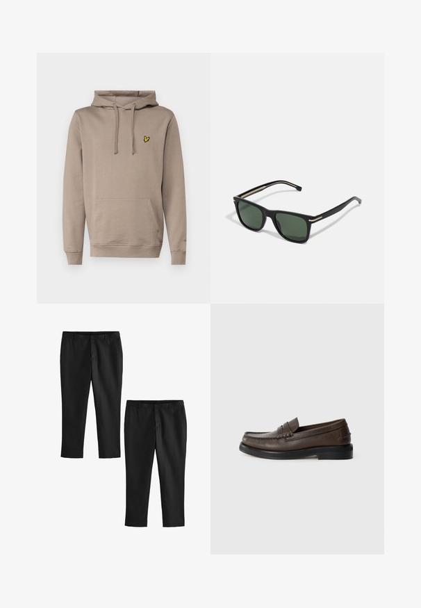 Lyle & Scott Pulover s kapuco - heritage taupe; Črne krojene hlače z gladko teksturo, z ravnimi nogami in pasom srednje višine. Prikazani sta dva para, ena skrajšana.; Rjava usnjena loaferica z všitim detajlom na prstu, ravnim podplatom in nizkim zloženim peto. Gladek tekstura z minimalističnimi oblikovnimi elementi.; BOSS Sončna očala - black