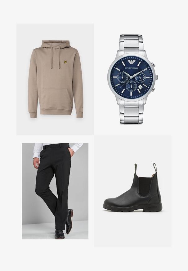 Lyle & Scott Melegítőfelső - heritage taupe; Fekete öltöny nadrág, testhezálló szabással, sima felülettel, egyenes lábszárral és övhurkokkal, fényes fekete öltönycipővel párosítva.; Fekete bőr Chelsea csizma rugalmas oldalsó panelekkel, húzófüllel, masszív gumitalppal és steppelt részletekkel. Simább textúra az egész felületen.; Emporio Armani Kronográf óra - silver-coloured