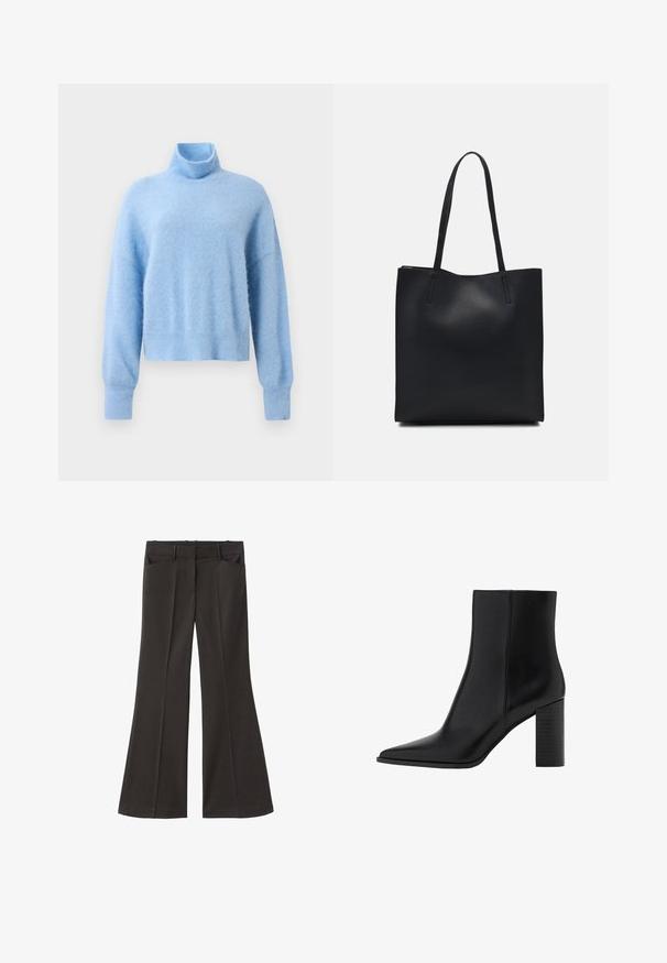 Hellblau gestrickter, kurzer Rollkragenpullover aus weichem, strukturiertem Stoff mit langen Ärmeln und gerippten Bündchen für zusätzlichen Detailreichtum.; Schwarze, weit geschnittene Hosen mit hoher Taille; verfügt über zwei Fronttaschen und eine glatte Stoffoberfläche. Geeignet für verschiedene Anlässe.; Schwarze Leder-Ankle Boots mit spitzem Zehenbereich, quadratischem Absatz, glatter Textur und Nähten entlang der Nähte. Die Absätze messen ungefähr 8,9 cm.; Schwarze Laptoptasche aus Leder mit glatter Textur, rechteckiger Form und zwei langen Griffen. Keine sichtbaren Beschläge oder Verzierungen.