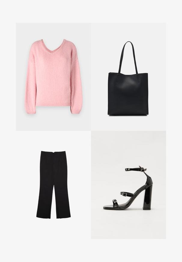 Svetro v svetlo rožnati barvi, pleteno z V-izrezom, dolgimi rokavi in rebrastimi manšetami. Mehka tekstura in sproščen kroj. Brez vidnih vzorcev ali dodatkov.; Črne hlače ravnega kroja z naglavnimi žepi in stranskimi razporki na robu. Narejene iz mehke, gladke tkanine. Primerne za različne priložnosti.; Črne lakirane sandale s peto, kvadratnim prstom, trakovi okrog gležnja in srebrnimi zaponkami. Opremljene so s stabilno Debelo peto.; Črna usnjena torba s svilnato teksturo, pravokotne oblike in dvema dolgima ročajema. Brez vidnih metalnih delov ali okrasnih elementov.