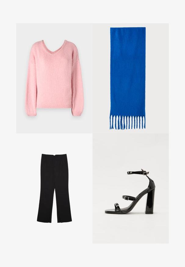 Helles rosa Strickpullover mit V-Ausschnitt, langen Ärmeln und gerippten Bündchen. Weiche Textur und lockere Passform. Keine sichtbaren Muster oder Hardware.; Schwarze Hose mit geradem Schnitt, ausgestattet mit Fronttaschen und Seitenschlitzen am Saum. Hergestellt aus weichem, glattem Stoff. Geeignet für verschiedene Anlässe.; Schwarze patentierte Sandalen mit Absatz, quadratischer Spitze, Knöchelriemen und silbernen Schnallen. Mit einem stabilen Blockabsatz für mehr Stabilität.; Blauer gefranster Schal aus weichem Stoff; hat eine einfarbige Oberfläche mit strukturierter Textur und gleichmäßig geschnittenem Fransen am unteren Ende.
