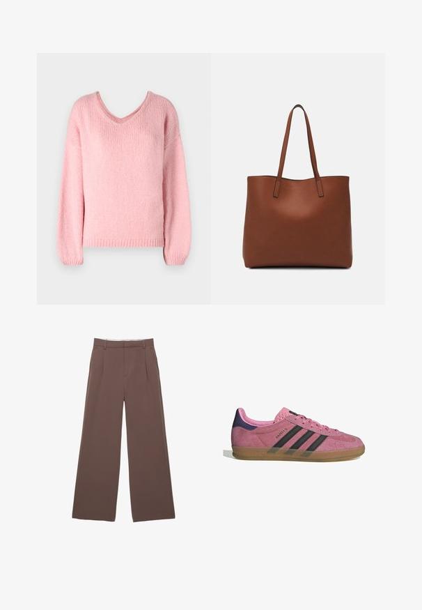 Helles rosa Strickpullover mit V-Ausschnitt, langen Ärmeln und gerippten Bündchen. Weiche Textur und lockere Passform. Keine sichtbaren Muster oder Hardware.; Weite Hosen aus einfarbigem braunem Stoff, mit einer glatten Textur, vorderen Falten und einem maßgeschneiderten Bund. Keine sichtbaren Logos oder Muster.; Rosa Wildleder-Sneaker mit schwarzen Streifen, Gummisohle und strukturiertem lila Fersenbereich. Verfügt über ein Schnürdesign und geprägte Markenkennzeichnung an der Seite.; Braune Leder-Tote mit glatter Textur, offenem Oberteil und zwei Schulterriemen. Verfügt über minimale Nähte und keine sichtbaren Beschläge.