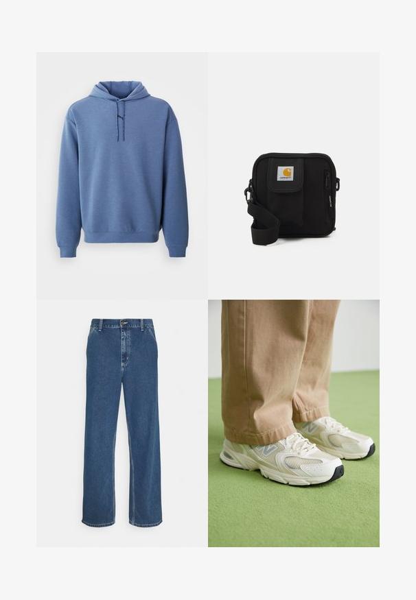 Modra kapuca s prednjimi vrvicami in dolgimi rokavi, prikazana na beli podlagi.; Modre džins hlače s ravnim krojem, zasnovo petih žepov, s kovinsko zaponko in vidno šivom vzdolž šivov in roba.; Beige mrežaste in sintetične športne copate z belo podlago, ki imajo vezalke in sivo logotipno podrobnost, na zeleni podlagi.; Črna torba čez ramo z zadrgo v glavni preddverju, sprednjim žepom, nastavljivim trakom in vidno oznako na pokrovu.