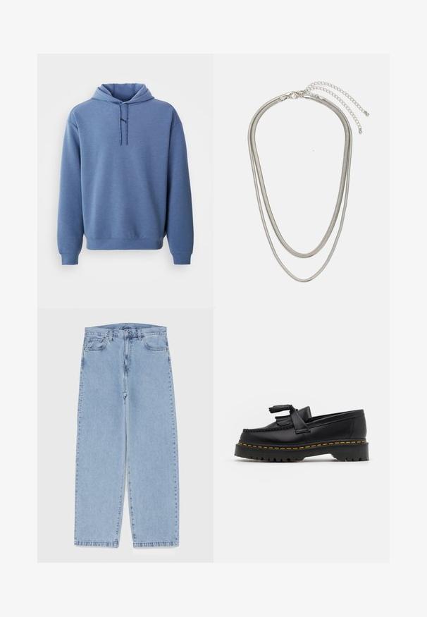 Kék pulóver kapucnis felső, elöl húzózsinórral és hosszú ujjal, fehér háttér előtt bemutatva.; Világoskék farmernadrág egyenes szárú kivitelben, közepes derékkal, öt zsebbel, gombos és cipzáros záródással.; Fekete bőr mokaszin, rojtos díszítéssel, masszív fekete talppal és sárga varrással az élén. Texturált felület.; Háromrétegű ezüstszínű fém nyaklánc, letisztult, rugalmas láncokkal, enyhe fényességgel, homárkapoccsal rögzítve és állítható lánccal.