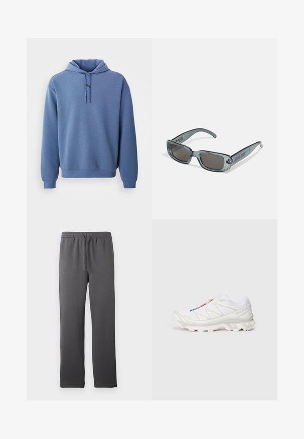 Modra kapuca s prednjimi vrvicami in dolgimi rokavi, prikazana na beli podlagi.; Sive športne hlače z elastičnim pasom, vrvico in gladko teksturo. Imajo naravnost obliko nogavic in brez vidnih žepov.; Bela športna obutev z teksturiranim mrežastim zgornjim delom, odsevni detajli in oblazinjen podplat. Oznaka znanega blagovne znamke je vidna na strani.; Santa Cruz INFERNO UNISEX - Sončna očala - crystal black