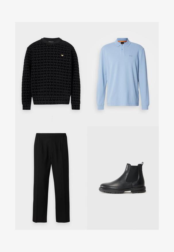 Melns džemperis ar apaļu kaklu un teksturētu ģeometrisku rakstu, uz krūtīm ar zelta logo akcentu, un ar ribām apstrādātām aprocēm un apakšmali.; Gaiši zils garām piedurknēm polo krekls ar teksturētu audumu, ar apkakli un divu pogu aizdari, uz krūtīm ir izšūts "BOSS" logo.; Melnas bikses, izgatavotas no gludas auduma, ar elastīgu jostasvietu, taisnas kājas dizainu un divām priekšējām krokām papildus detaļām.; Melnas ādas Čelsijas zābaki ar elastīgām sānu paneļiem, vilkšanas cilpu, noapaļotu purngalu un izturīgu zoli ar gumijas protektora rievām.