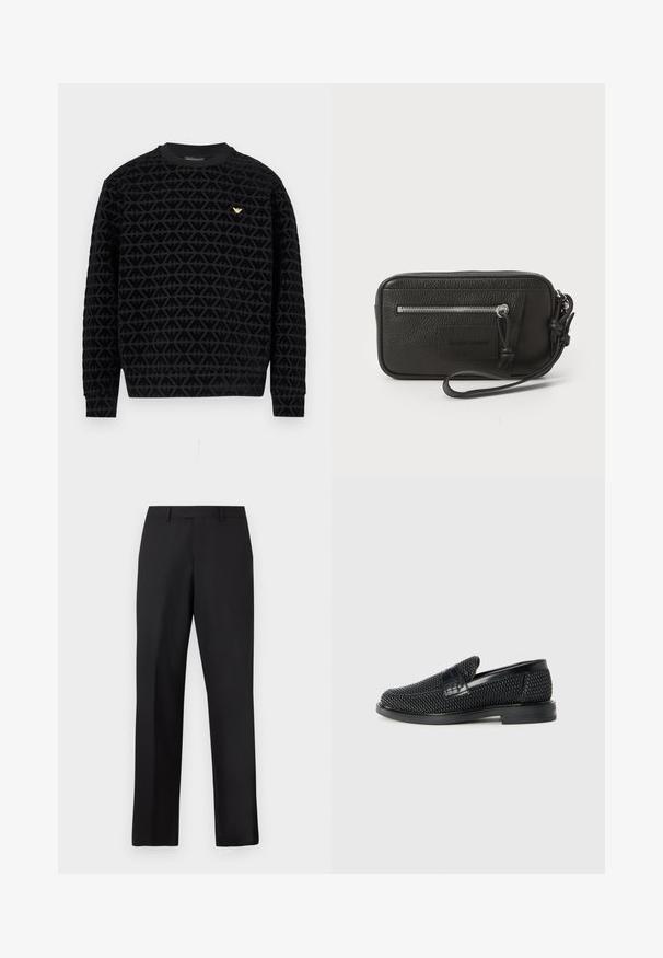 Fekete, kerek nyakú pulóver texturált, geometriai mintával, arany logóval a mellkason, bordázott mandzsettákkal és szegéllyel.; Fekete, egyenes szárú nadrág sima anyagból. Standard derékpánttal rendelkezik, és nincsenek látható minták vagy díszítések.; Fekete szőtt slip-on cipő sima bőr díszítéssel a felsőrészen, kerek orral és alacsony profilos gumitalppal.; Fekete bőr kézitáska texturált felülettel, elülső cipzáras zsebbel és levehető csuklópánttal. Elől logóval ellátott folt található. Téglalap alakú.