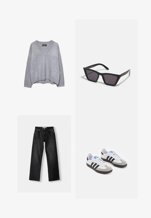 Light gray long-sleeve sweater with V-neck and ribbed cuffs and hem, displayed on a white background.; Bershka Straight leg jeans - mottled dark grey; Sport shoes with a white leather upper, gray suede toe, and three black stripes. Features a blue logo on the tongue and a textured rubber sole.; Black, angular sunglasses with gray lenses; made of plastic, featuring thick arms with a smooth surface and no visible hardware.