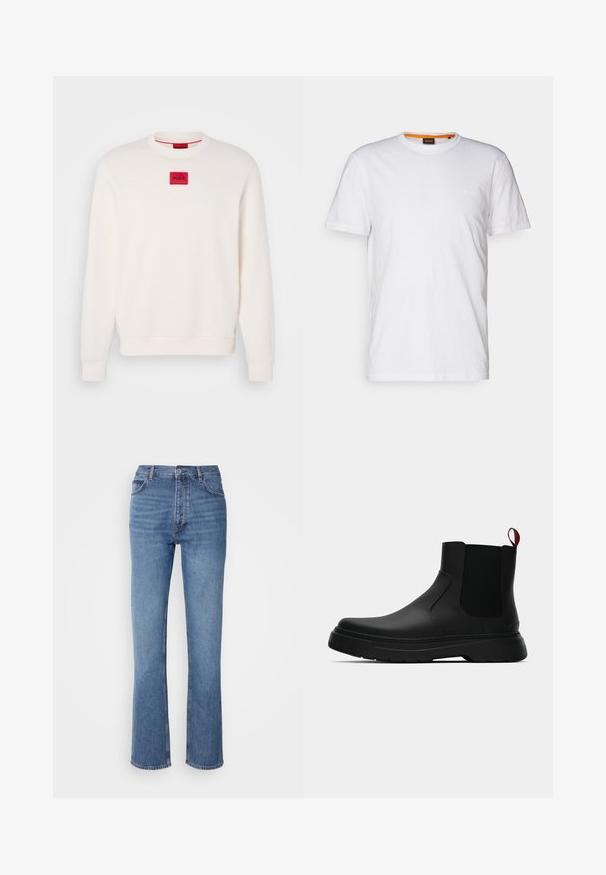 Krémový sveter s okrúhlym výstrihom, s rebrovanými manžetami a lemom. Na hrudi sa nachádza malá červená obdĺžniková nášivka s nápisom "HUGO".; Biely bavlnený tričko s okrúhlym výstrihom, krátkymi rukávmi a jemne embosovaným logom na hrudi. Vnútorná etiketa má oranžový akcent.; Modré denimové džínsy s vysokým pásom, rovnými nohavicami a jemným vyblednutím. Majú klasický strih s piatimi vreckami a zapínanie na zips.; Čierne členkové topánky s hladkým povrchom, elastickými bočnými panelmi a kontrastným červeným poutkom, vybavené hrubou gumovou podrážkou a zaoblenou špičkou.