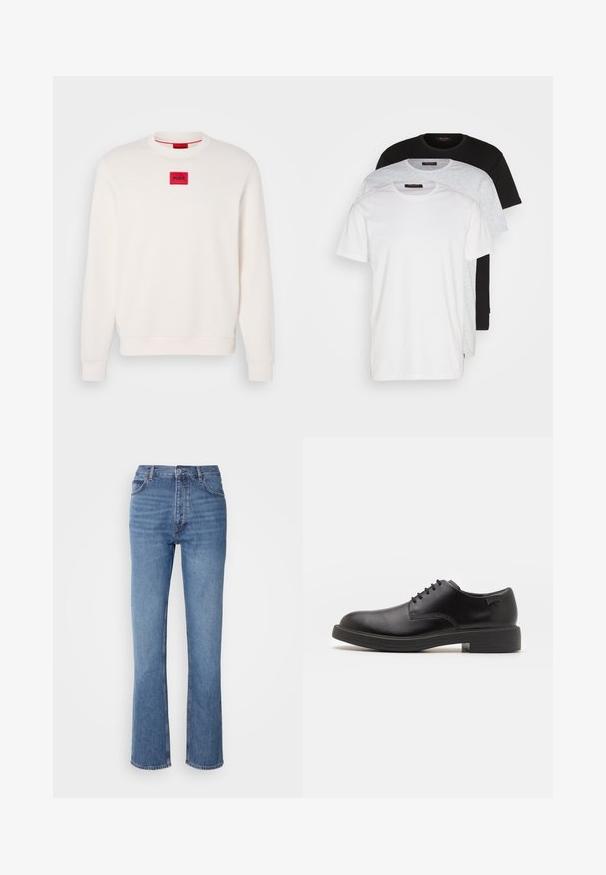 Kremowy sweatshirt z okrągłym dekoltem, ściągaczami przy rękawach i u dołu. Posiada małą czerwoną prostokątną naszywkę z logo "HUGO" na piersi.; Trzy t-shirty z okrągłym dekoltem w kolorze białym, jasnoszarym i czarnym. Wykonane z miękkiej bawełny, z krótkimi rękawami i luźnym krojem.; Niebieskie dżinsy o wysokim stanie, prostym kroju nogawek i subtelnych przetarciach. Posiadają klasyczny pięciopakowy styl oraz zamek błyskawiczny.; Czarny skórzany but za kostkę z okrągłym noskiem, gładką fakturą, minimalnym przeszyciem i niskim gumowym obcasem. Logo na pięcie.