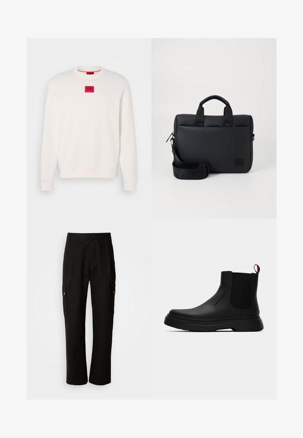 Krémový sveter s okrúhlym výstrihom, s rebrovanými manžetami a lemom. Na hrudi sa nachádza malá červená obdĺžniková nášivka s nápisom "HUGO".; Čierne cargo nohavice vyrobené z bavlny s voľným strihom, majú bočné vrecká, zapínanie na gombík a rovné nohavice. Jednoduchý dizajn bez vzorov.; Čierne členkové topánky s hladkým povrchom, elastickými bočnými panelmi a kontrastným červeným poutkom, vybavené hrubou gumovou podrážkou a zaoblenou špičkou.; Čierna textúrovaná taška na laptop s dvojitými hornými úchytmi, odnímateľným popruhom, zipsovým uzatváraním a malou nášivkou s logom pre značkovanie.