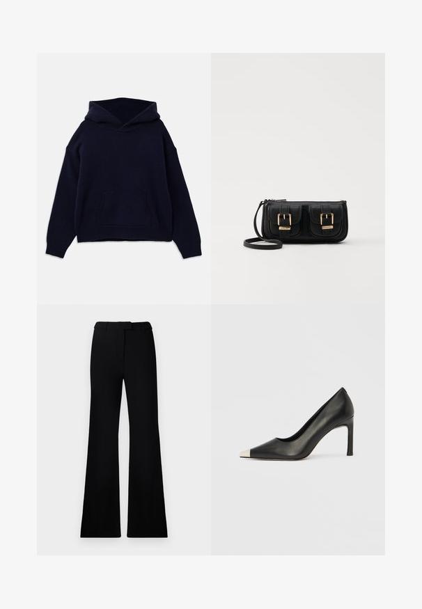 Sötétkék kapucnis felső puha anyagból. Elöl zsebes és bordázott mandzsettával és aljjal rendelkezik. Bő szabású, ejtett vállú.; Fekete, harangszárú nadrág sima textúrával, precíziós derékrésszel és elülső zsebekkel, amely egy sima, modern sziluettet tervez.; Fekete bőr magas sarkú cipő hegyes orral és fém ezüst orrtippel. Simább kivitelű, karcsú, 10 cm-es sarokkal.; Fekete bőr keresztbody táska két elülső zsebbel, arany csattokkal, cipzáras záródással és vékony pánttal. Textúrált felület és kompakt téglalap alak.