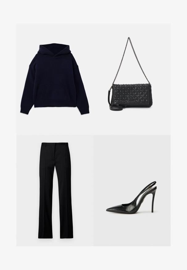 Marinblå huvtröja i mjukt tyg. Har en framficka och ribbade muddar och nederkant. Löst skuren med sänkta axlar.; Svarta raka byxor i slätt tyg, med platt front, bälteshällor och utan synliga fickor eller dekorationer.; Svart slingback-pump med spetsig tå, texturerat ormskinnsmönster, stilettklack och en dekorativ spänne på remmen.; Svart kviltad läderväska med kedjerem, med dödskalleaccent och dragkedjestängning. Texturerad yta med en glänsande finish.
