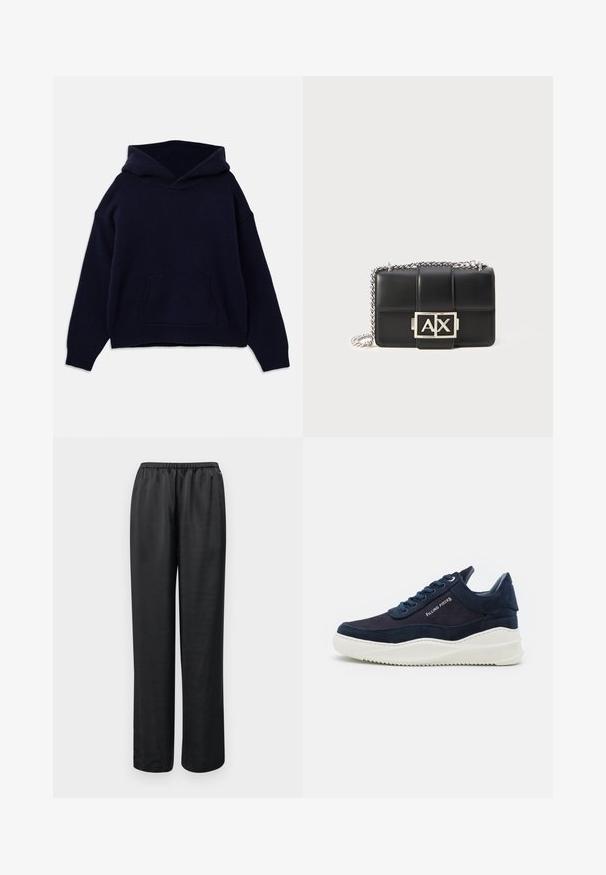 Sötétkék kapucnis felső puha anyagból. Elöl zsebes és bordázott mandzsettával és aljjal rendelkezik. Bő szabású, ejtett vállú.; Fekete, laza szabású nadrág, gumis derékkal. Simább anyagból készült, egyenes lábbal, látható zsebek vagy díszítések nélkül.; Sötét tengerészkék velúr sportcipő fehér gumi talppal, lekerekített orral és fűzős kialakítással. Az oldalon logó részlet és textúrált díszítések találhatóak.; Fekete bőr kézitáska steppelt dizájnnal, ezüst lánccal, és egy kiemelkedő ezüst "AX" logóval az elején. Kompakt, téglalap alakú.