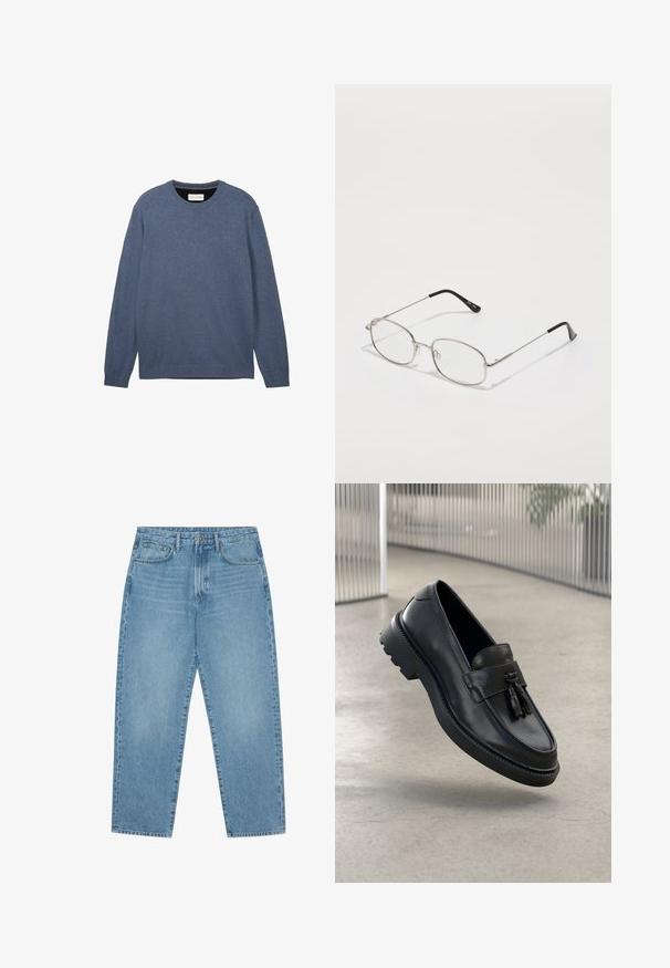 Tamsiai mėlynas džemperis su apvalia iškirpte, pagamintas iš minkštos medžiagos su lygiu paviršiumi, turi ilgus rankovės ir gumbais išsikišusį apykaklę.; Šviesiai mėlyni džinsai iš džinsinio audinio, tiesaus kirpimo, su penkiomis kišenėmis ir šiek tiek blukinta tekstūra. Turi sagos ir užtrauktuko užsegimą.; Juodi odiniai bateliai be užsegimo su lygiu paviršiumi, dekoratyvine kutu, stora guminė pado danga ir siūtais akcentais. Lengvi ir elegantiško dizaino.; Metalinės akinių rėmeliai su ovalia forma, sidabriniais apvadais ir skaidriais lęšiais. Ploni, tiesūs šonai su juodais galiukais, minimalistinis dizainas.