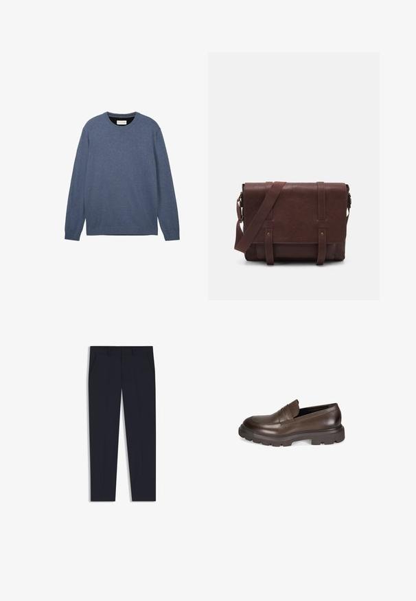 Dunkelblaues Rundhals-Sweatshirt, hergestellt aus weichem Stoff mit glatter Textur, mit langen Ärmeln und gerippten Bündchen und Saum.; Marineblaue Hose mit maßgeschneiderter Passform, ausgestattet mit zwei Vordertaschen, einem flachen Design und einer glatten Textur. Keine sichtbaren Muster oder Verzierungen.; Desa Slipper - brown; Braune Leder-Umhängetasche mit einer flachen Vorderklappe, zwei Riemen, goldenen Hardware-Akzenten und einem verstellbaren Schultergurt.; Silberne Metall-Uhr mit einem gebürsteten blauen Zifferblatt, weißen Stundenmarkierungen und einem Datumsanzeiger. Verfügt über ein verlinktes Metallarmband und ein Markenlogo.