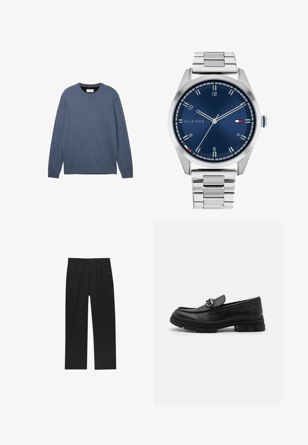 Pulover s okruglim izrezom u tamnoplavoj boji, izrađen od mekanog materijala s glatkom teksturom, s dugim rukavima i rebrastim manžetama i rubom.; Crne hlače ravnog kroja, izrađene od glatkog materijala. Imaju prednje nabore i jedan dugme na struku.; Crne kožne mokasine s zaobljenim vrhom, dekorativnom trakom i hardverom, te masivnom teksturiranom potplatom. Glatka površina s suptilnim detaljima.; Srebrni metalni sat s četkanim plavim brojčanikom, bijelim oznakama sati i prikazom datuma. Ima povezan metalni remen i logo marke.